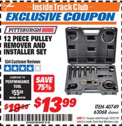 Harbor Freight ITC Coupon 12 PIECE PULLEY REMOVER AND INSTALLER SET Lot No. 40749/63068 Expired: 10/31/19 - $13.99