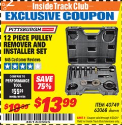 Harbor Freight ITC Coupon 12 PIECE PULLEY REMOVER AND INSTALLER SET Lot No. 40749/63068 Expired: 4/30/20 - $13.99