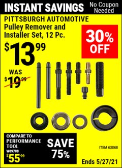 Harbor Freight Coupon 12 PIECE PULLEY REMOVER AND INSTALLER SET Lot No. 40749/63068 Expired: 4/29/21 - $13.99