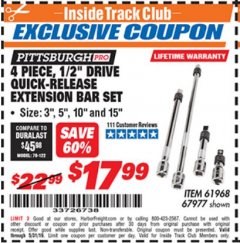 Harbor Freight ITC Coupon 4 PIECE 1/2" DRIVE QUICK-RELEASE EXTENSION BAR SET Lot No. 61968/67977 Expired: 5/31/19 - $17.99