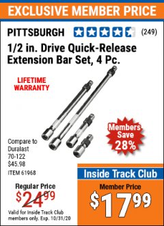 Harbor Freight ITC Coupon 4 PIECE 1/2" DRIVE QUICK-RELEASE EXTENSION BAR SET Lot No. 61968/67977 Expired: 10/31/20 - $17.99