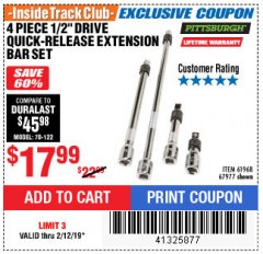 Harbor Freight ITC Coupon 4 PIECE 1/2" DRIVE QUICK-RELEASE EXTENSION BAR SET Lot No. 61968/67977 Expired: 2/12/19 - $17.99