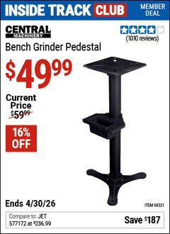 Harbor Freight Coupon CENTRAL MACHINERY BENCH GRINDER PEDESTAL Lot No. 68321 Valid: 12/31/69 - 4/30/26 - $49.99