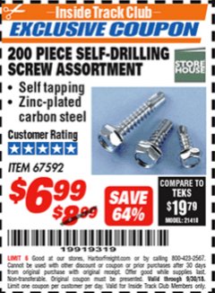 Harbor Freight ITC Coupon STOREHOUSE SELF-DRILLING SCREW ASSORTMENT, 200-PIECE Lot No. 67592 Expired: 9/30/18 - $6.99
