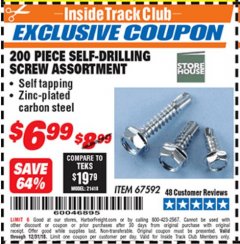 Harbor Freight ITC Coupon STOREHOUSE SELF-DRILLING SCREW ASSORTMENT, 200-PIECE Lot No. 67592 Expired: 12/31/18 - $6.99