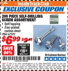Harbor Freight ITC Coupon STOREHOUSE SELF-DRILLING SCREW ASSORTMENT, 200-PIECE Lot No. 67592 Expired: 4/30/19 - $6.99