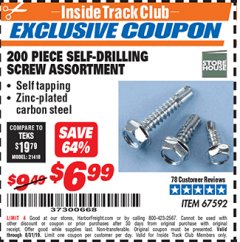 Harbor Freight ITC Coupon 200 PIECE SELF-DRILLING SCREW ASSORTMENT Lot No. 67592 Expired: 8/31/19 - $6.99