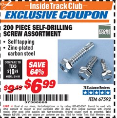 Harbor Freight ITC Coupon STOREHOUSE SELF-DRILLING SCREW ASSORTMENT, 200-PIECE Lot No. 67592 Expired: 8/31/19 - $6.99