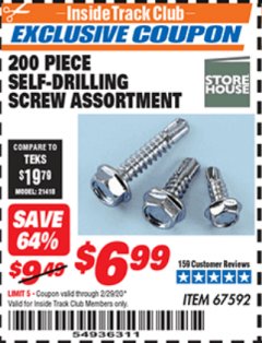 Harbor Freight ITC Coupon 200 PIECE SELF-DRILLING SCREW ASSORTMENT Lot No. 67592 Expired: 2/29/20 - $6.99