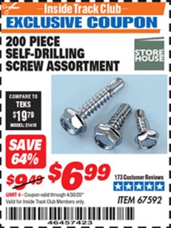 Harbor Freight ITC Coupon STOREHOUSE SELF-DRILLING SCREW ASSORTMENT, 200-PIECE Lot No. 67592 Expired: 4/30/20 - $6.99