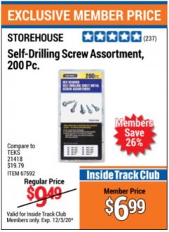 Harbor Freight ITC Coupon STOREHOUSE SELF-DRILLING SCREW ASSORTMENT, 200-PIECE Lot No. 67592 Expired: 12/3/20 - $6.99