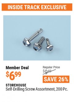 Harbor Freight ITC Coupon STOREHOUSE SELF-DRILLING SCREW ASSORTMENT, 200-PIECE Lot No. 67592 Expired: 4/29/21 - $6.99