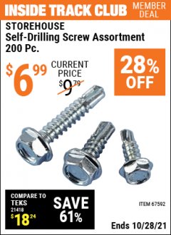 Harbor Freight ITC Coupon STOREHOUSE SELF-DRILLING SCREW ASSORTMENT, 200-PIECE Lot No. 67592 Expired: 10/28/21 - $6.99