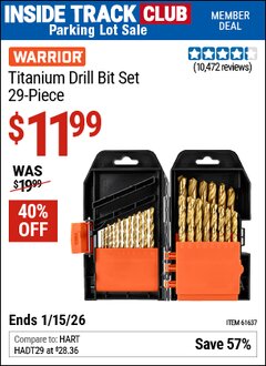 Harbor Freight ITC Coupon WARRIOR TITANIUM DRILL BIT SET, 29-PIECE Lot No. 61637/62281 Expired: 1/15/26 - $11.99