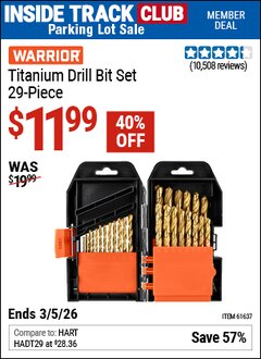 Harbor Freight ITC Coupon WARRIOR TITANIUM DRILL BIT SET, 29-PIECE Lot No. 61637/62281 Valid Thru: 3/5/26 - $11.99