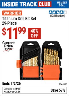 Harbor Freight ITC Coupon WARRIOR TITANIUM DRILL BIT SET, 29-PIECE Lot No. 61637/62281 Valid Thru: 7/2/26 - $11.99