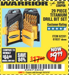 Harbor Freight Coupon 29 PIECE TITANIUM NITRIDE COATED HIGH SPEED STEEL DRILL BIT SET Lot No. 5889/61637/62281 Expired: 10/15/18 - $9.99