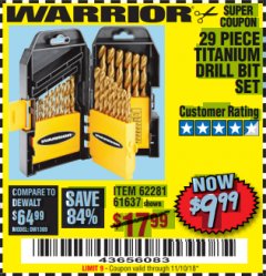 Harbor Freight Coupon 29 PIECE TITANIUM NITRIDE COATED HIGH SPEED STEEL DRILL BIT SET Lot No. 5889/61637/62281 Expired: 11/10/18 - $9.99