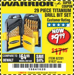 Harbor Freight Coupon 29 PIECE TITANIUM NITRIDE COATED HIGH SPEED STEEL DRILL BIT SET Lot No. 5889/61637/62281 Expired: 10/1/18 - $9.99