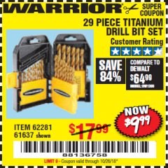 Harbor Freight Coupon 29 PIECE TITANIUM NITRIDE COATED HIGH SPEED STEEL DRILL BIT SET Lot No. 5889/61637/62281 Expired: 10/26/18 - $9.99