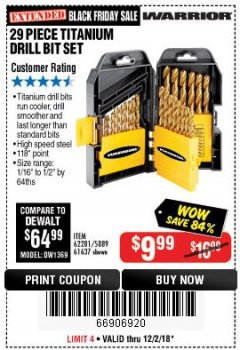 Harbor Freight Coupon 29 PIECE TITANIUM NITRIDE COATED HIGH SPEED STEEL DRILL BIT SET Lot No. 5889/61637/62281 Expired: 12/2/18 - $9.99