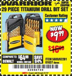 Harbor Freight Coupon 29 PIECE TITANIUM NITRIDE COATED HIGH SPEED STEEL DRILL BIT SET Lot No. 5889/61637/62281 Expired: 4/1/19 - $9.99