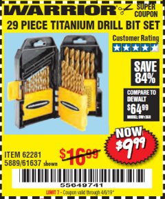 Harbor Freight Coupon 29 PIECE TITANIUM NITRIDE COATED HIGH SPEED STEEL DRILL BIT SET Lot No. 5889/61637/62281 Expired: 4/6/19 - $9.99