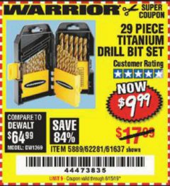 Harbor Freight Coupon 29 PIECE TITANIUM NITRIDE COATED HIGH SPEED STEEL DRILL BIT SET Lot No. 5889/61637/62281 Expired: 6/15/19 - $9.99