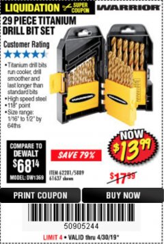 Harbor Freight Coupon 29 PIECE TITANIUM NITRIDE COATED HIGH SPEED STEEL DRILL BIT SET Lot No. 5889/61637/62281 Expired: 4/30/19 - $13.99