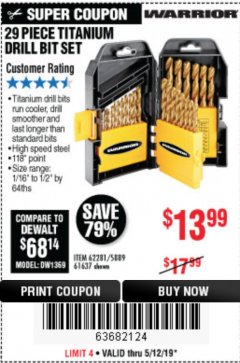 Harbor Freight Coupon 29 PIECE TITANIUM NITRIDE COATED HIGH SPEED STEEL DRILL BIT SET Lot No. 5889/61637/62281 Expired: 5/19/19 - $13.99