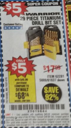 Harbor Freight Coupon 29 PIECE TITANIUM NITRIDE COATED HIGH SPEED STEEL DRILL BIT SET Lot No. 5889/61637/62281 Expired: 6/23/19 - $5