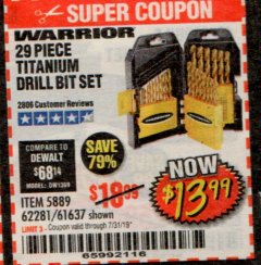 Harbor Freight Coupon 29 PIECE TITANIUM NITRIDE COATED HIGH SPEED STEEL DRILL BIT SET Lot No. 5889/61637/62281 Expired: 7/31/19 - $13.99