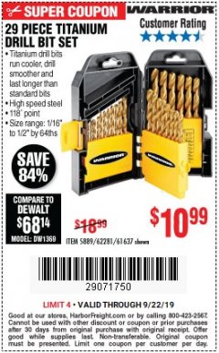 Harbor Freight Coupon 29 PIECE TITANIUM NITRIDE COATED HIGH SPEED STEEL DRILL BIT SET Lot No. 5889/61637/62281 Expired: 9/22/19 - $10.99