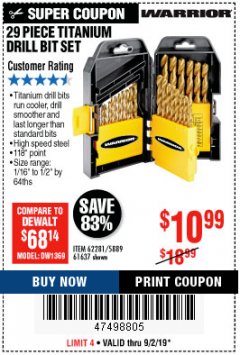 Harbor Freight Coupon 29 PIECE TITANIUM NITRIDE COATED HIGH SPEED STEEL DRILL BIT SET Lot No. 5889/61637/62281 Expired: 9/2/19 - $10.99