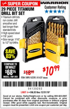 Harbor Freight Coupon 29 PIECE TITANIUM NITRIDE COATED HIGH SPEED STEEL DRILL BIT SET Lot No. 5889/61637/62281 Expired: 12/31/19 - $10.99