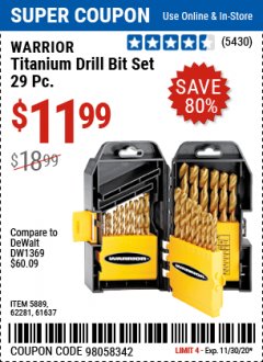 Harbor Freight Coupon 29 PIECE TITANIUM NITRIDE COATED HIGH SPEED STEEL DRILL BIT SET Lot No. 5889/61637/62281 Expired: 11/30/20 - $11.99