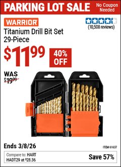 Harbor Freight Coupon WARRIOR TITANIUM DRILL BIT SET, 29-PIECE Lot No. 61637/62281 Expired: 3/8/26 - $11.99
