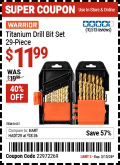 Harbor Freight Coupon WARRIOR TITANIUM DRILL BIT SET, 29-PIECE Lot No. 61637/62281 Expired: 3/15/26 - $11.99