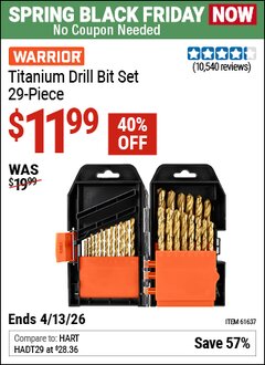 Harbor Freight Coupon WARRIOR TITANIUM DRILL BIT SET, 29-PIECE Lot No. 61637/62281 Expired: 4/12/26 - $11.99