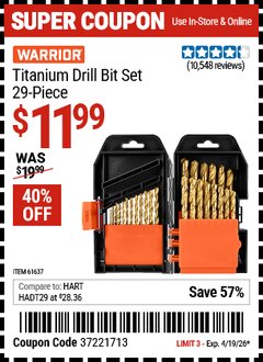 Harbor Freight Coupon WARRIOR TITANIUM DRILL BIT SET, 29-PIECE Lot No. 61637/62281 Expired: 4/19/26 - $11.99