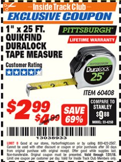 Harbor Freight ITC Coupon 1" x 25 FT. QUICKFIND TAPE MEASURE Lot No. 60408 Expired: 7/31/18 - $2.99