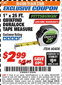 Harbor Freight ITC Coupon 1" x 25 FT. QUICKFIND TAPE MEASURE Lot No. 60408 Expired: 9/30/18 - $2.99