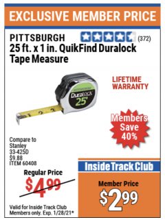 Harbor Freight ITC Coupon 1" x 25 FT. QUICKFIND TAPE MEASURE Lot No. 60408 Expired: 1/28/21 - $2.99