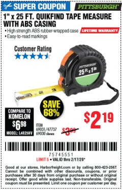 Harbor Freight Coupon 1" x 25 FT. QUICKFIND TAPE MEASURE Lot No. 60408 Expired: 2/17/20 - $2.19
