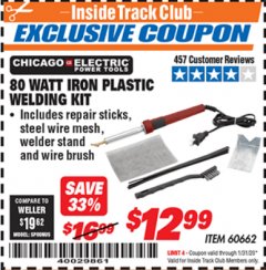 Harbor Freight ITC Coupon CHICAGO ELECTRIC 80 WATT IRON PLASTIC WELDING KIT Lot No. 60662 Expired: 1/31/20 - $12.99