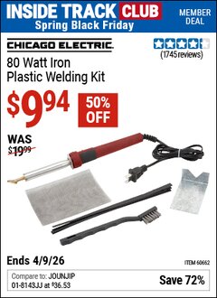 Harbor Freight ITC Coupon CHICAGO ELECTRIC 80 WATT IRON PLASTIC WELDING KIT Lot No. 60662 Expired: 4/9/26 - $9.94