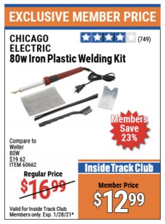 Harbor Freight ITC Coupon CHICAGO ELECTRIC 80 WATT IRON PLASTIC WELDING KIT Lot No. 60662 Expired: 1/28/21 - $12.99