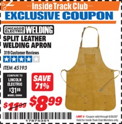 Harbor Freight ITC Coupon SPLIT LEATHER WELDING APRON Lot No. 45193 Expired: 6/30/20 - $8.99