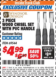 Harbor Freight ITC Coupon 3 PIECE WOOD CHISEL SET Lot No. 69544 Expired: 11/30/18 - $4.99
