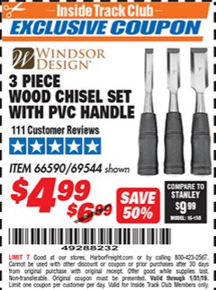 Harbor Freight ITC Coupon 3 PIECE WOOD CHISEL SET Lot No. 69544 Expired: 1/31/19 - $4.99